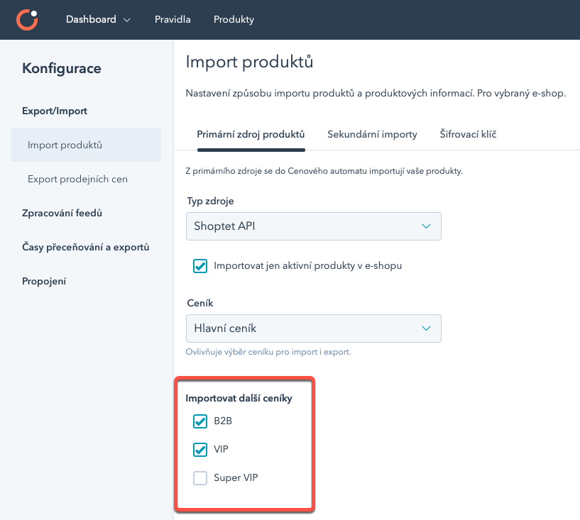 Výběr importu_dalších ceníku
