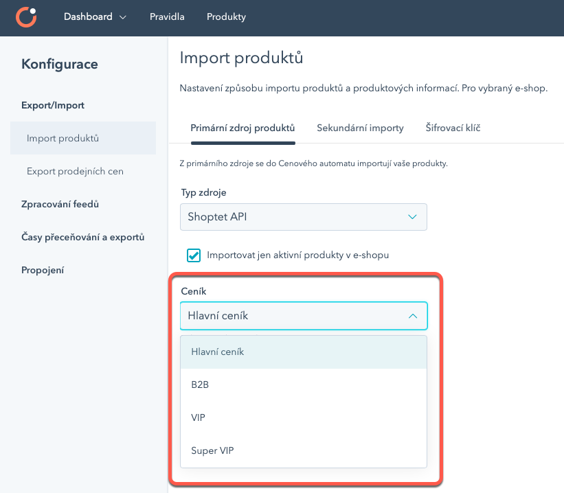 Výběr primárního ceníku