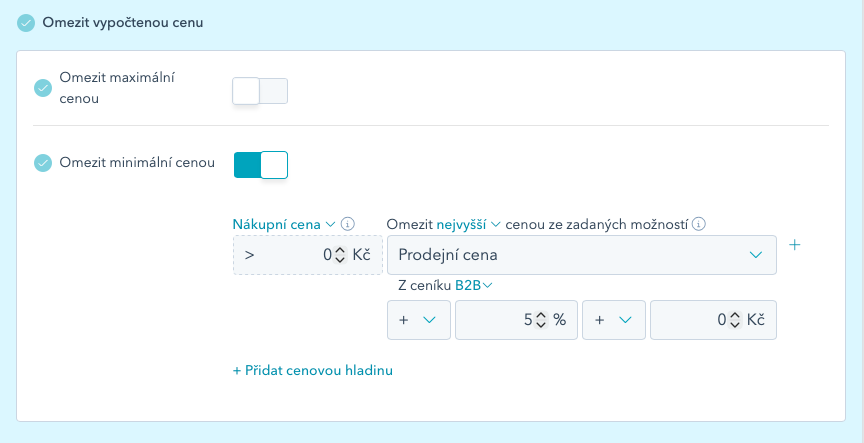 Výběr ceníku pro omezení vypočtené ceny minimální/maximální cenou