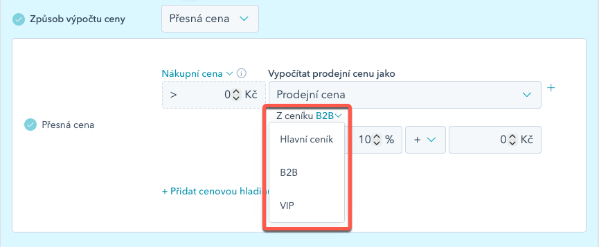 Výběr ceníku pro výpočet prodejní ceny