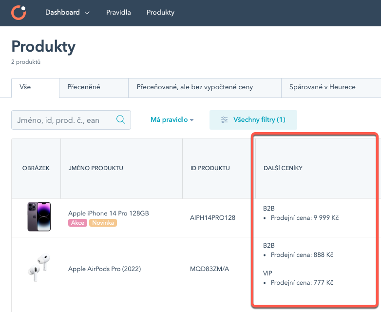 Zobrazení dalších ceníků v tabulce produktů