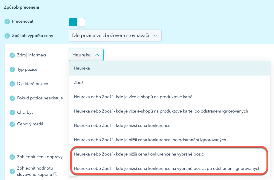 Možnosti výběru zbožového srovnávače jako zdroje informací pro přecenění