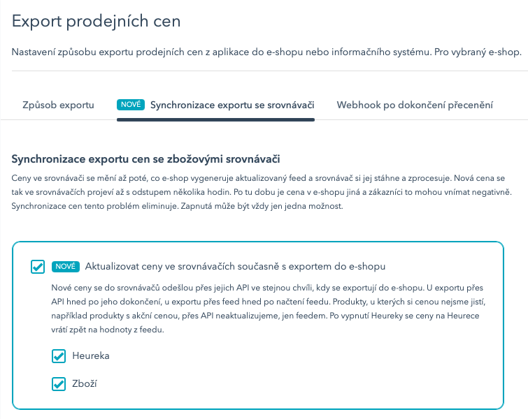 Aktualizovat ceny ve srovnávačích současně s exportem do e-shopu
