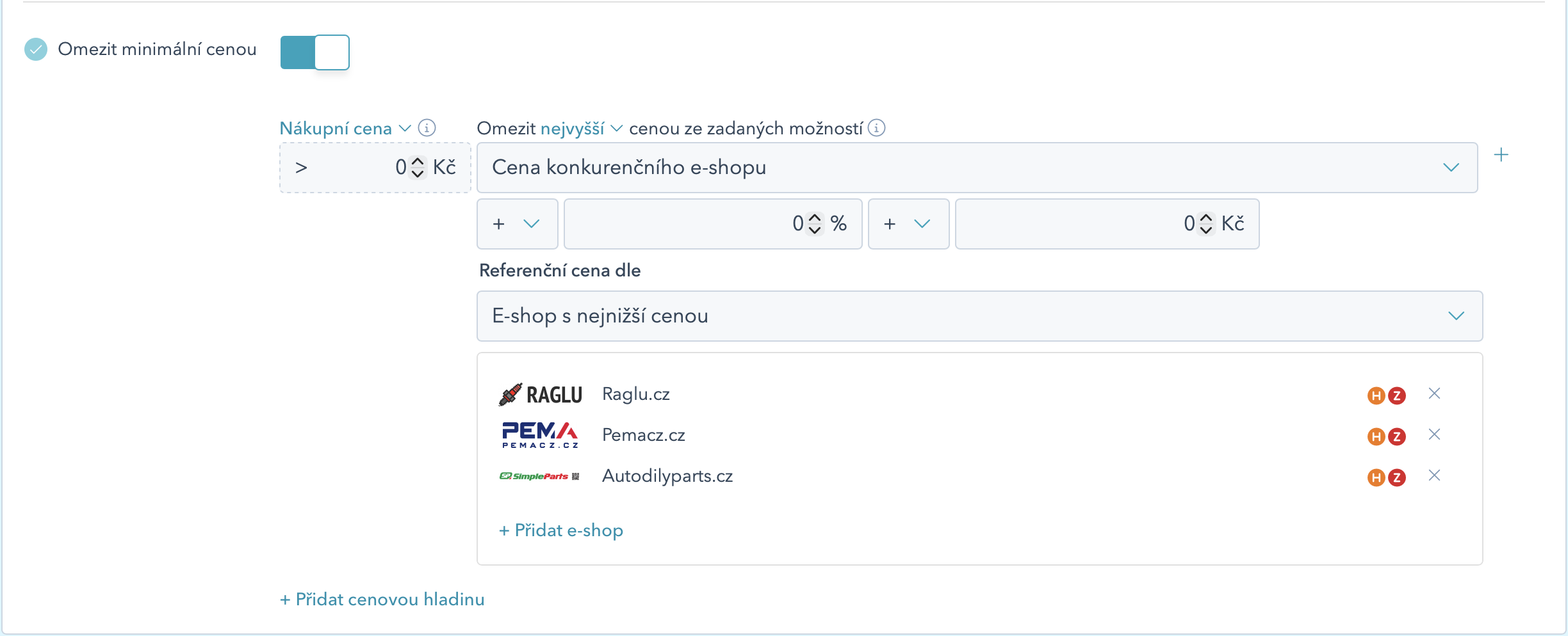 Nastavení seznamu e-shopů a způsobu výběru referenční ceny