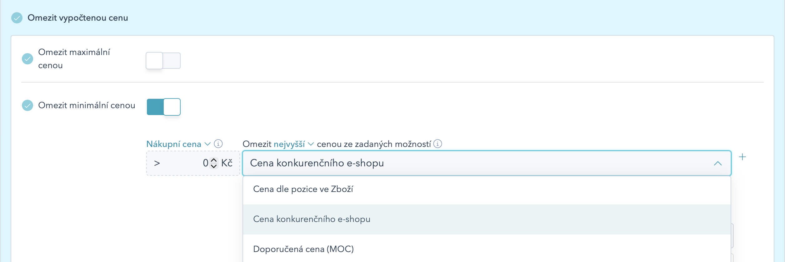 Výběr reference „Cena konkurenčního e-shopu“ v omezení ceny