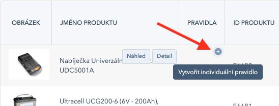 Vytvoření individuálního pravidla v tabulce produktů
