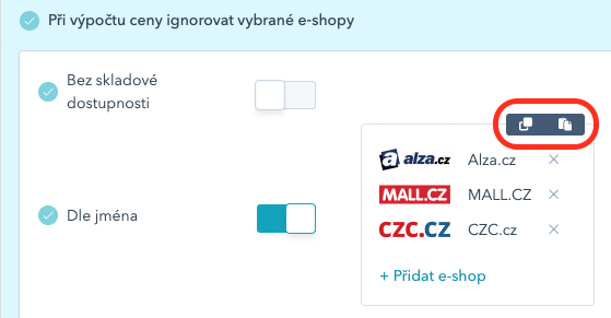 Kopírování a vkládání seznamu e‑shopů