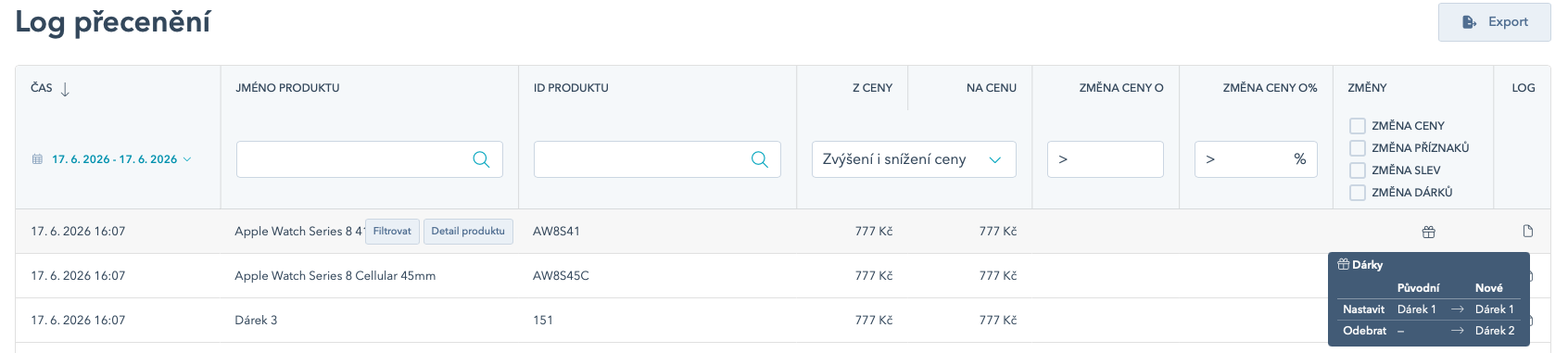 Dashboard Log přecenění — filtr Změna dárků
