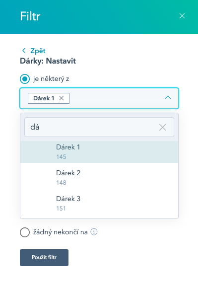 Filtrování podle Dárky: Nastavit