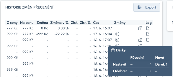 Historie změn přecenění — změna dárků