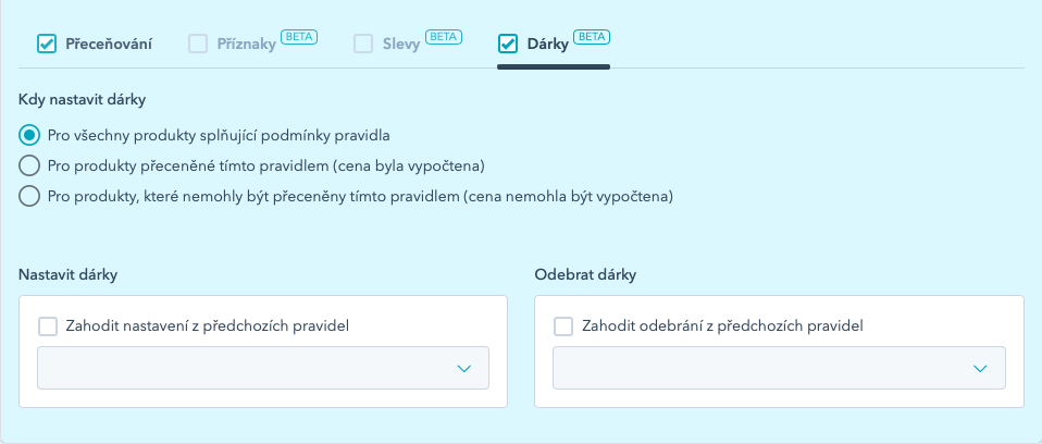 Záložka Dárky v editoru pravidla