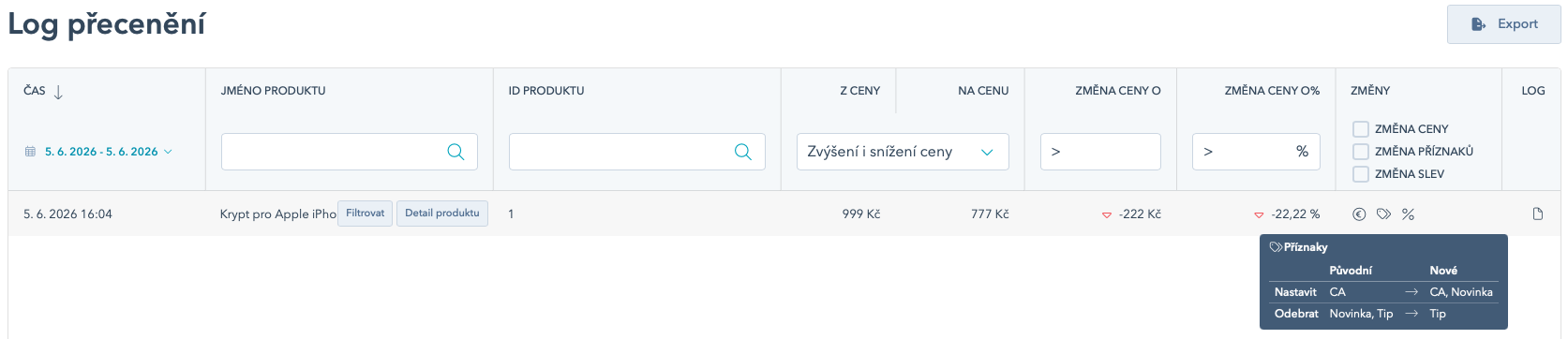 Dashboard Log přecenění — filtry a sloupec Změny