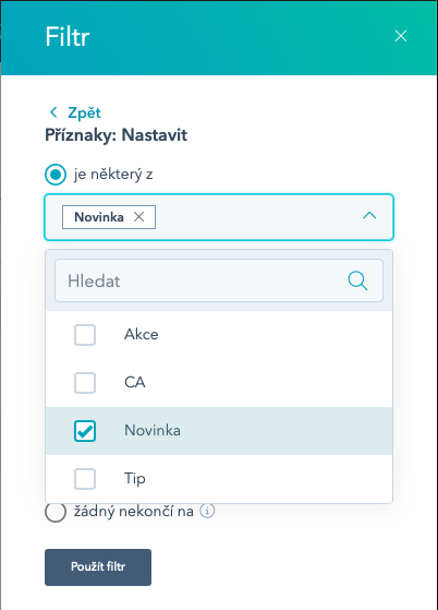 Filtrování podle Příznaky: Nastavit