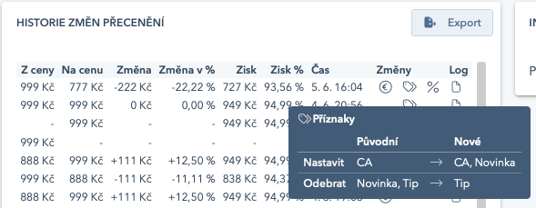 Historie změn přecenění — změna příznaků