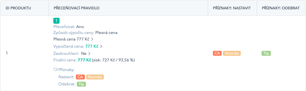 Sloupce Příznaky: Nastavit / Odebrat v tabulce produktů