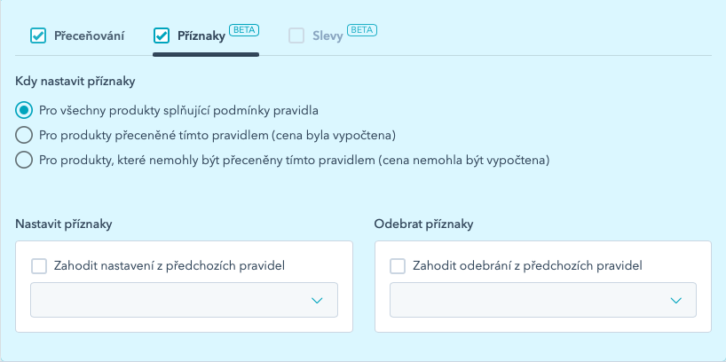 Záložka Příznaky v editoru pravidla