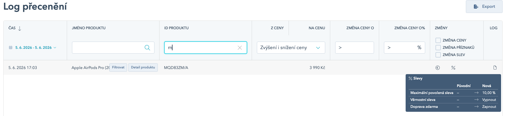 Dashboard Log přecenění — filtr Změna slev