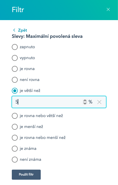 Filtrování Maximální povolená sleva
