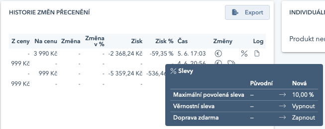 Historie změn přecenění — změna slev
