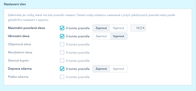 Nastavení slevových voleb v pravidle