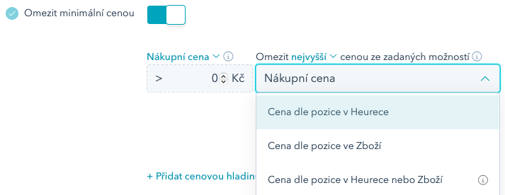 Omezení ceny dle pozice ve Zboží
