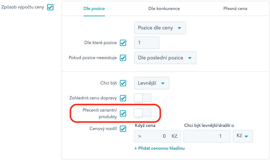 Pravidlo přecenit variantní produkty