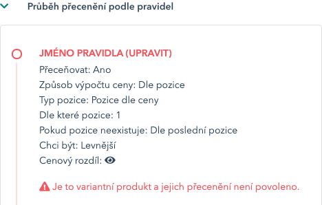 Průběh přecenění - chyba variantní produkt